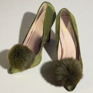 Olive Green Velvet Pointed Toe Stiletto Heels with Fur Pom Poms Size 9